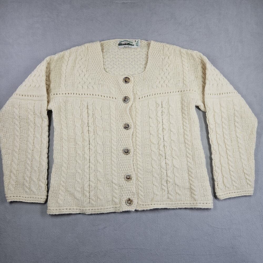 Aran Crafts Ireland Cardigan Womens M Button Up Wool Cable Knit Fisherman Ivory - Picture 1 of 15